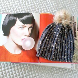 Grey & metallic thread knit pom pom beanie hat